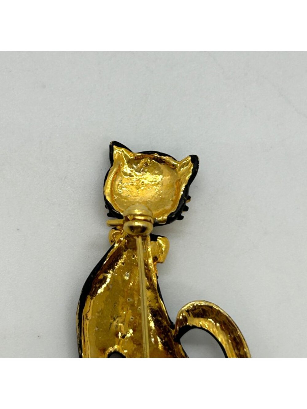 Vintage Black Matte Enamel Siamese Cat Brooch With Gold-Tone Rhinestone Bow - Picture 5 of 11